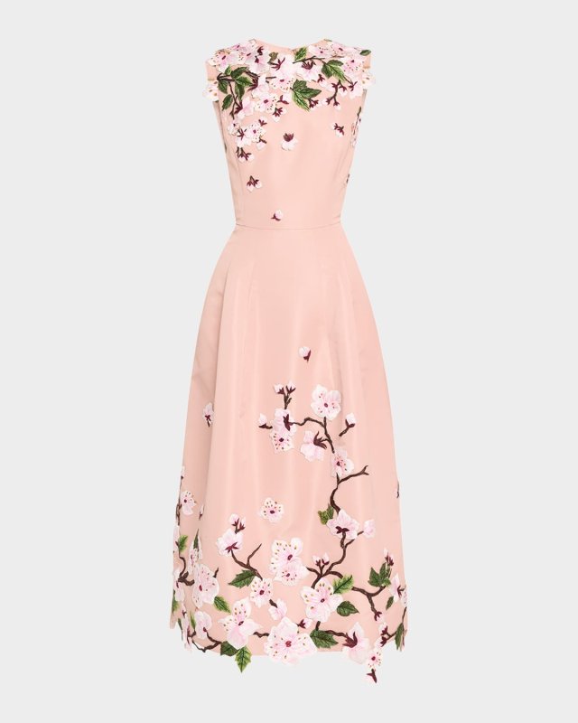 Cherry Blossom Embroidered Faille Sleeveless Cocktail Dress